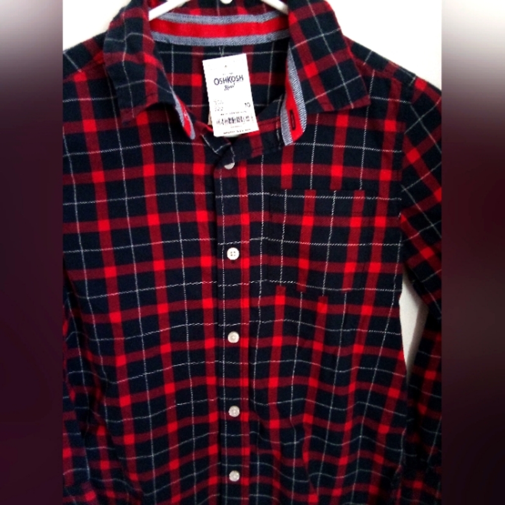 OshKosh B'gosh Red and Navy Plaid Button Down Shirt Size 10